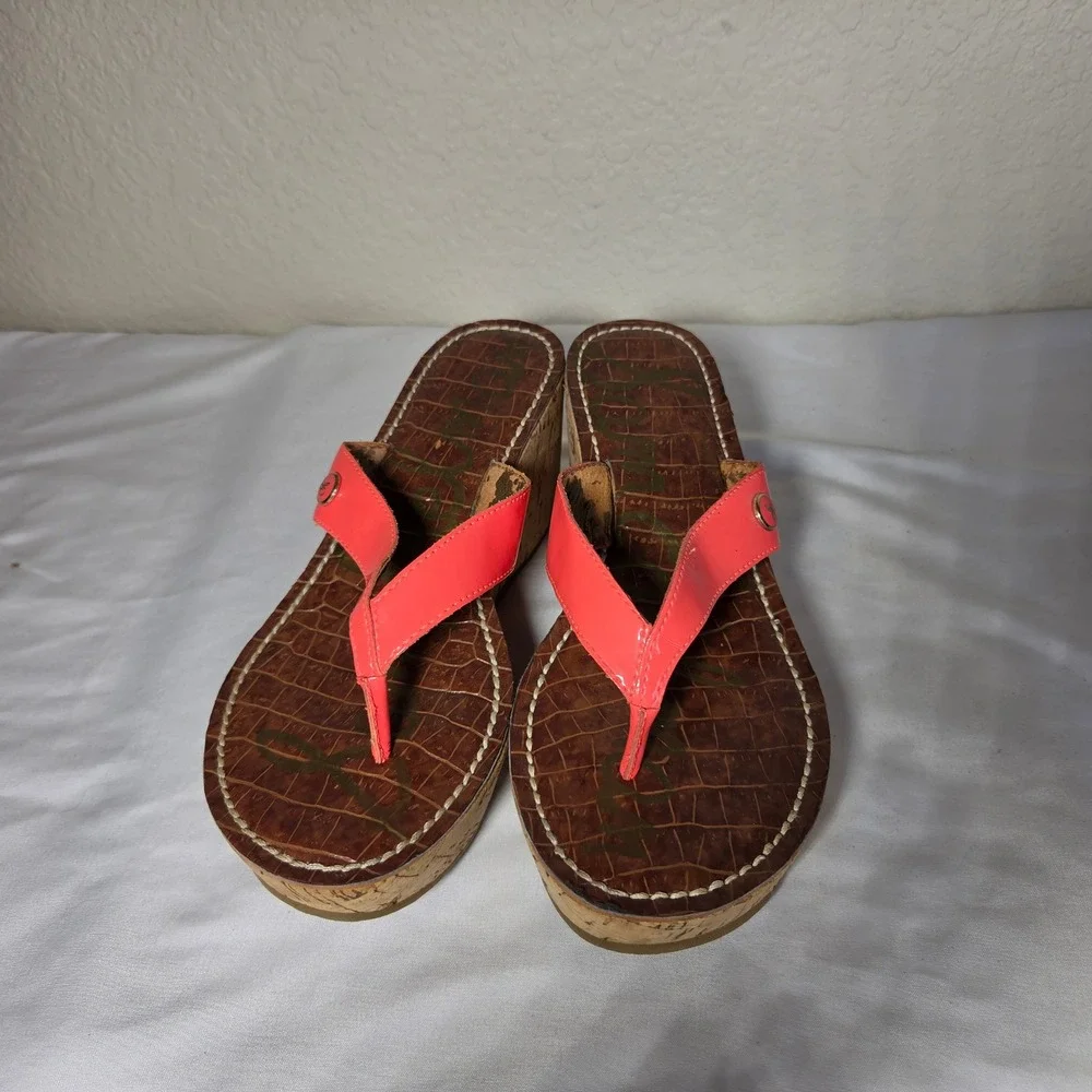 Sam Edelman Women Coral Pink Patent Cork Wedge Platform Sandals S1654 Size 6.5M